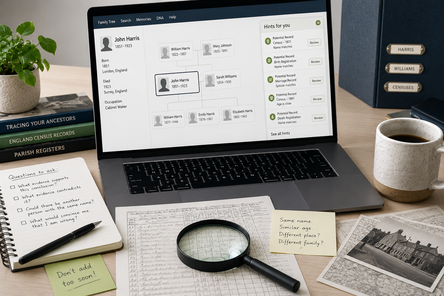 A modern genealogy workspace featuring a laptop displaying a family tree with research hints, surrounded by historical records, a magnifying glass, notebook, and a cup of coffee.